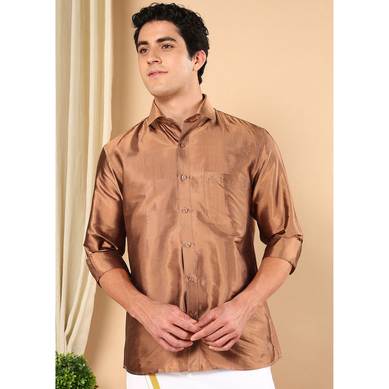 TATTVA Men Burnt Copper Pure Silk Solid Opaque Shirt (38)