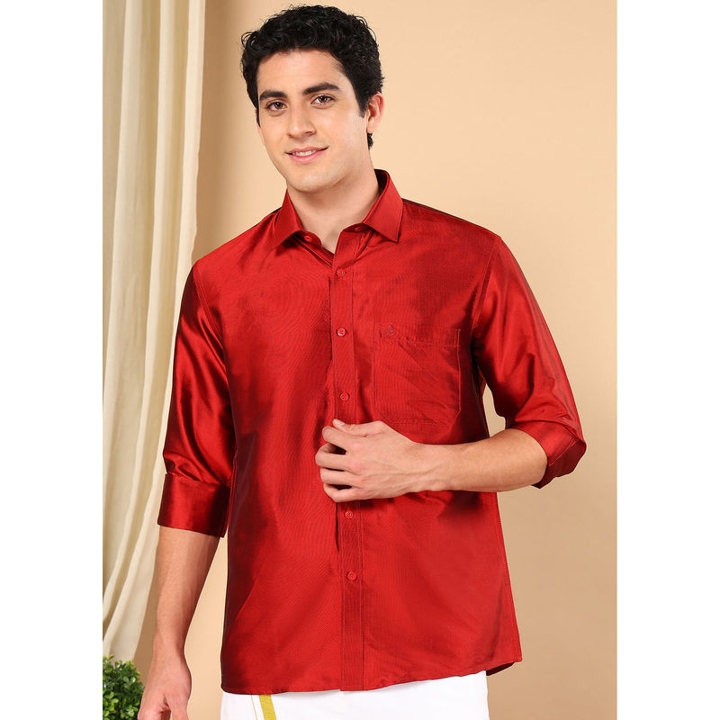TATTVA Men Cherry Red Pure Silk Solid Opaque Shirt (36)