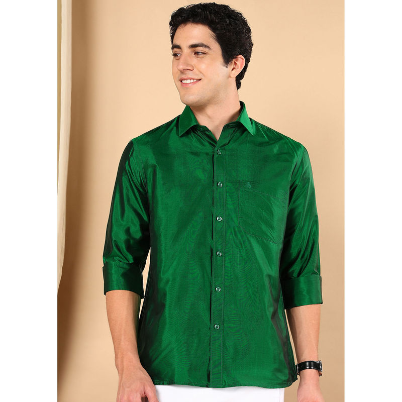 TATTVA Men Green Pure Silk Solid Opaque Shirt (36)