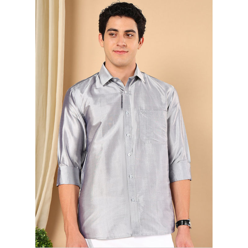 TATTVA Men Silver Grey Pure Silk Solid Opaque Shirt (36)