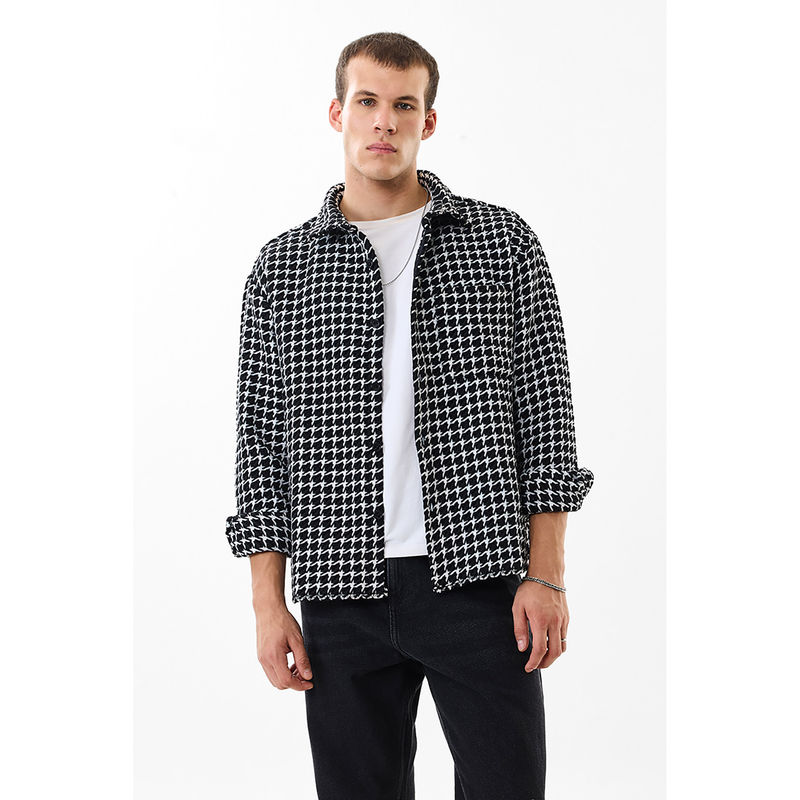 Snitch Black Houndstooth Full Sleeves Tailored Shacket for Men (L)