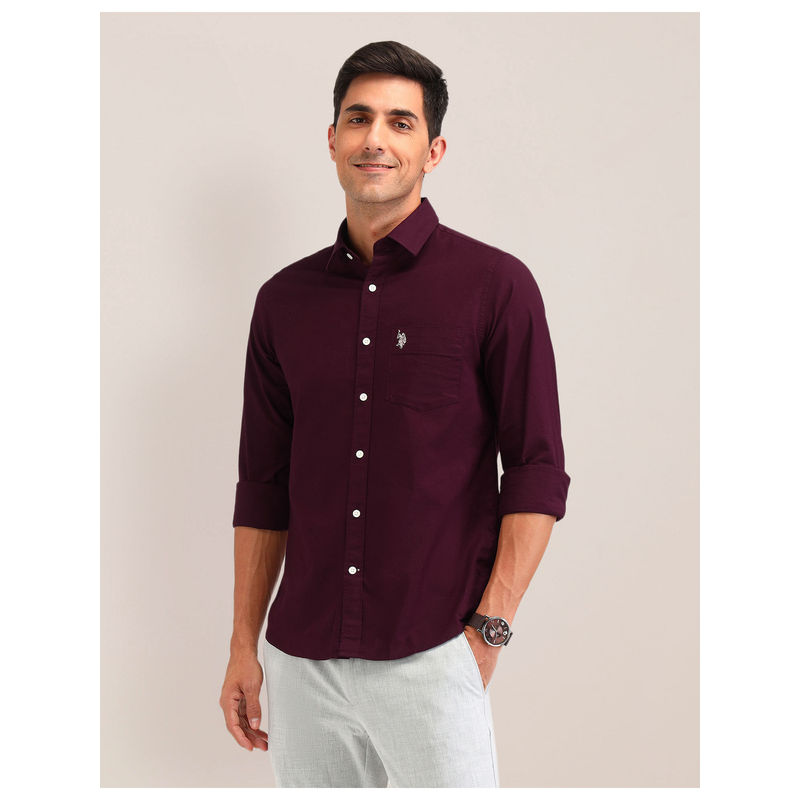 U.S. POLO ASSN. Men Solid Wine Full Sleeves Collar Neck Shirt (39)