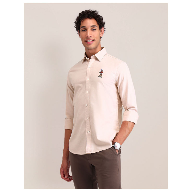 U.S. POLO ASSN. Men Solid Beige Full Sleeves Collar Neck Shirt (39)