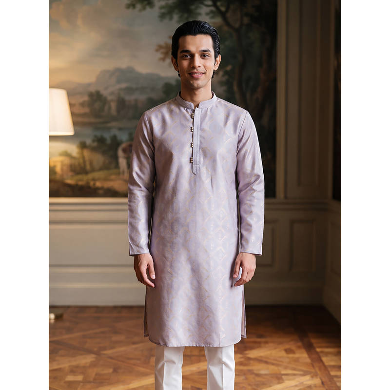 ETHNIC BAY Mens Lavender Jacquard Geometric Embroidered Kurta (S)