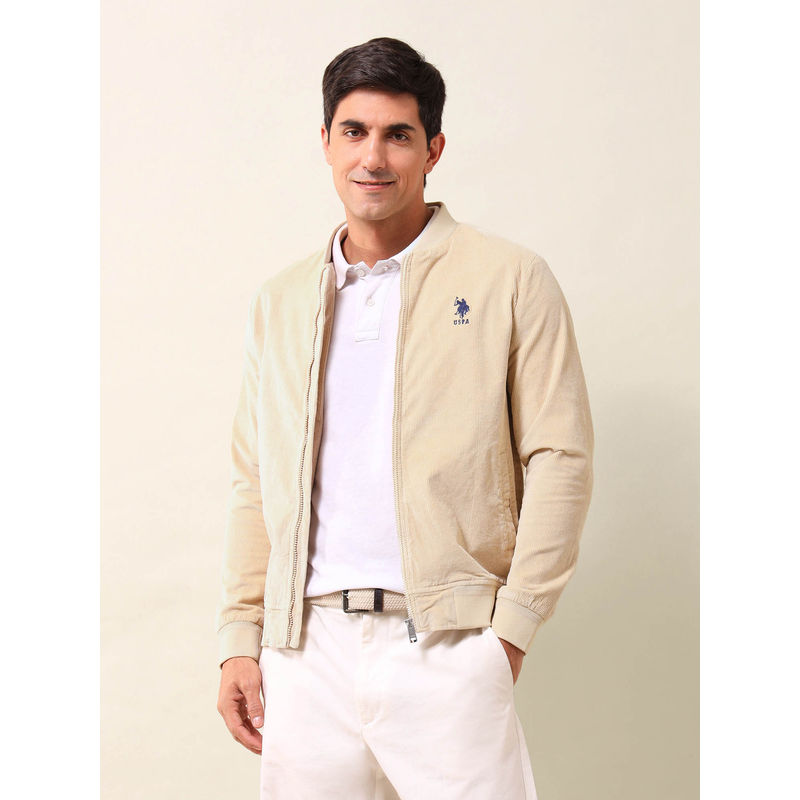 U.S. POLO ASSN. Solid/Plain Beige Full Sleeves Bomber Jacket (2XL)