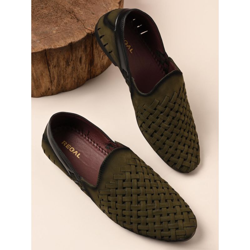 REGAL Olive Mens Woven Style Slip On Mojaris (UK 6)