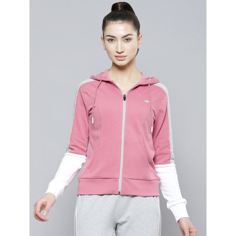 Alcis Women Pink White Solid Cotton Hooded Regular Outdoor Sporty Jacket (S)