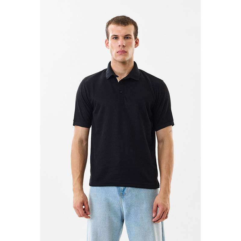 Snitch Black Textured Half Sleeves Regular Casual Polo T-Shirt for Men (2XL)