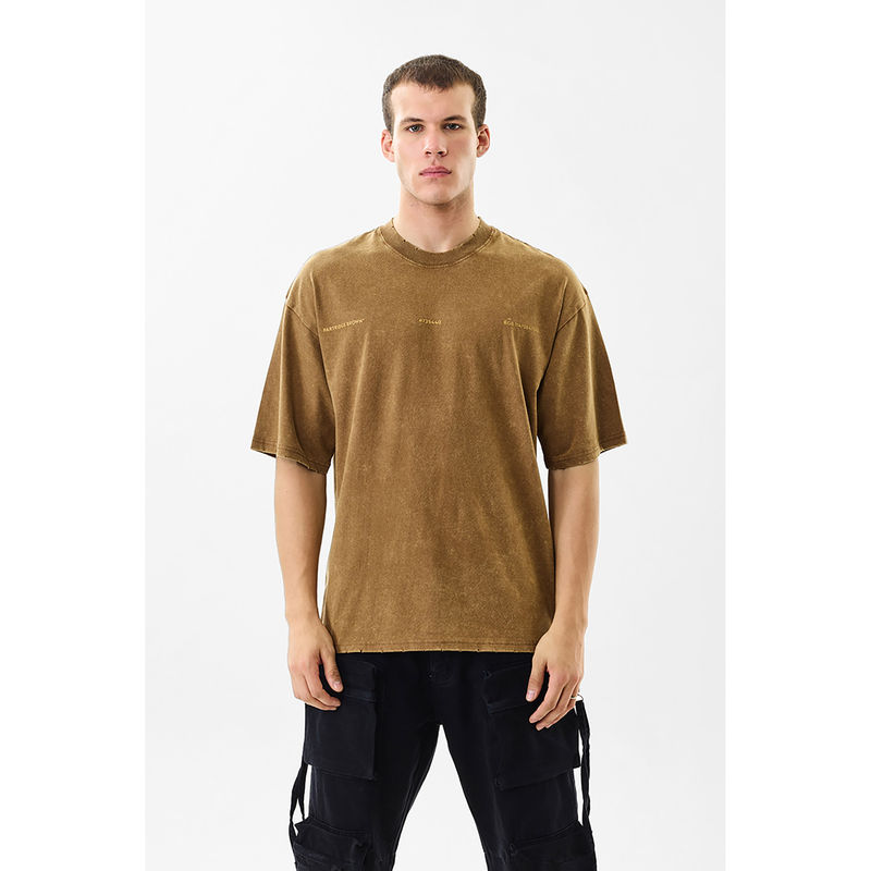 Snitch Brown Solid / Plain Half Sleeves Oversized Casual T-shirt For Men (S)
