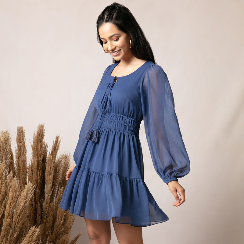 Twenty Dresses By Nykaa Fashion The Tasselled Beauty Dress - Blue (S)