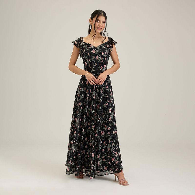 Twenty Dresses by Nykaa Fashion Black Floral V Neck Maxi Dress (M)
