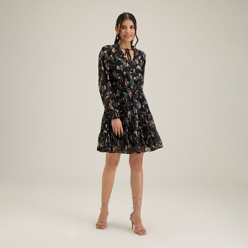 Twenty Dresses by Nykaa Fashion Black V Neck Floral Print Short Dress (XS)
