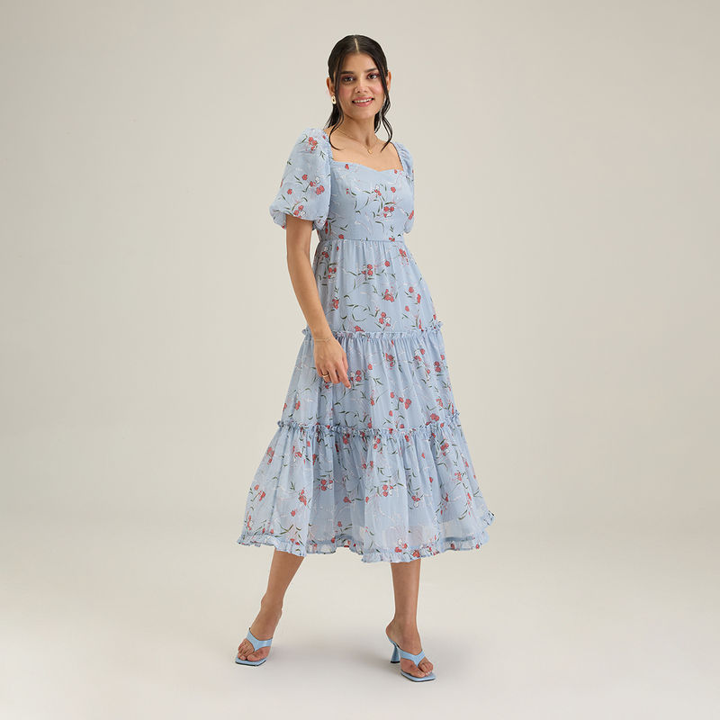 Twenty Dresses by Nykaa Fashion Blue Floral Sweetheart Neck Midi Dress (S)
