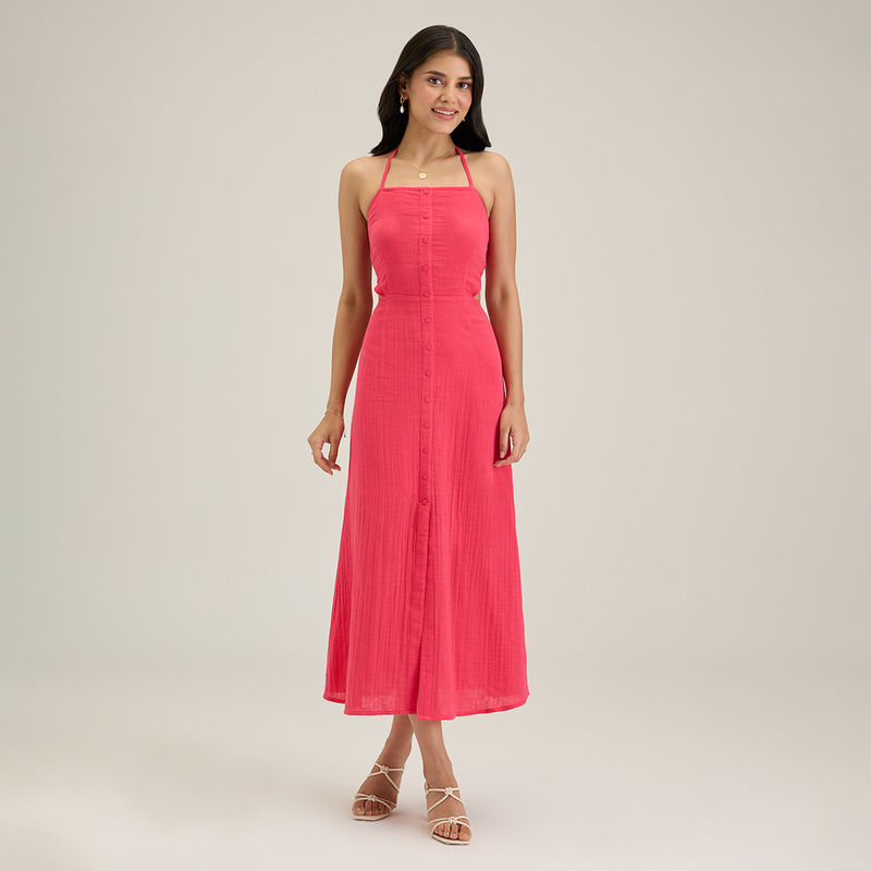 Twenty Dresses by Nykaa Fashion Pink Halter Neck Solid Midi Dress (M)