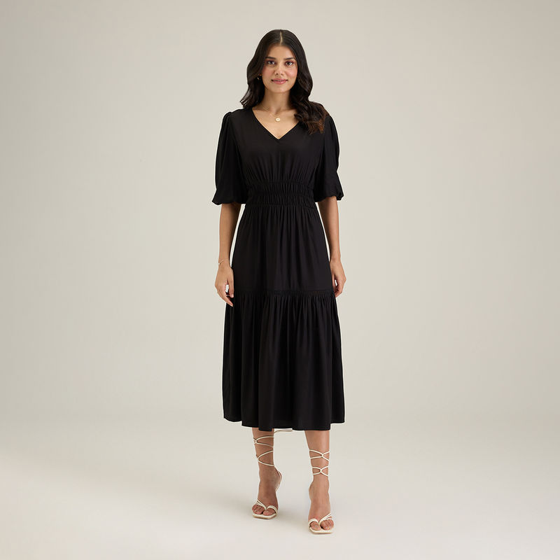 Twenty Dresses by Nykaa Fashion Black V Neck Three Fourth Sleeves Solid Midi Dress (S)