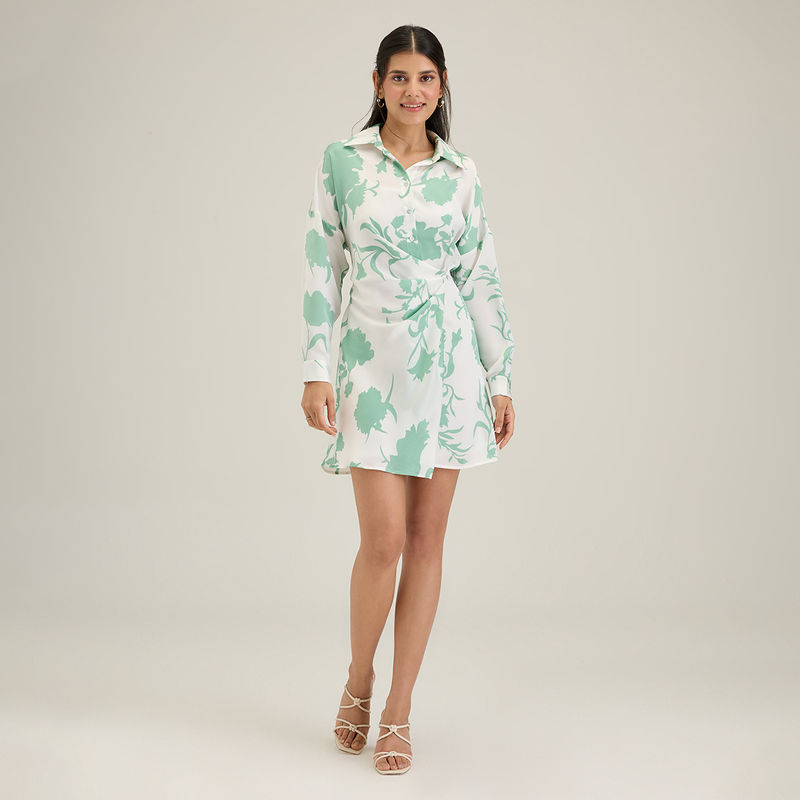 Twenty Dresses by Nykaa Fashion Work Sea Green Floral Full Sleeves Short Dress (M)