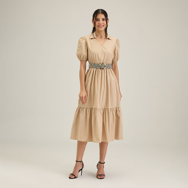 Twenty Dresses by Nykaa Fashion Work Beige Solid V Neck Belted Dress (Set of 2) (XS)