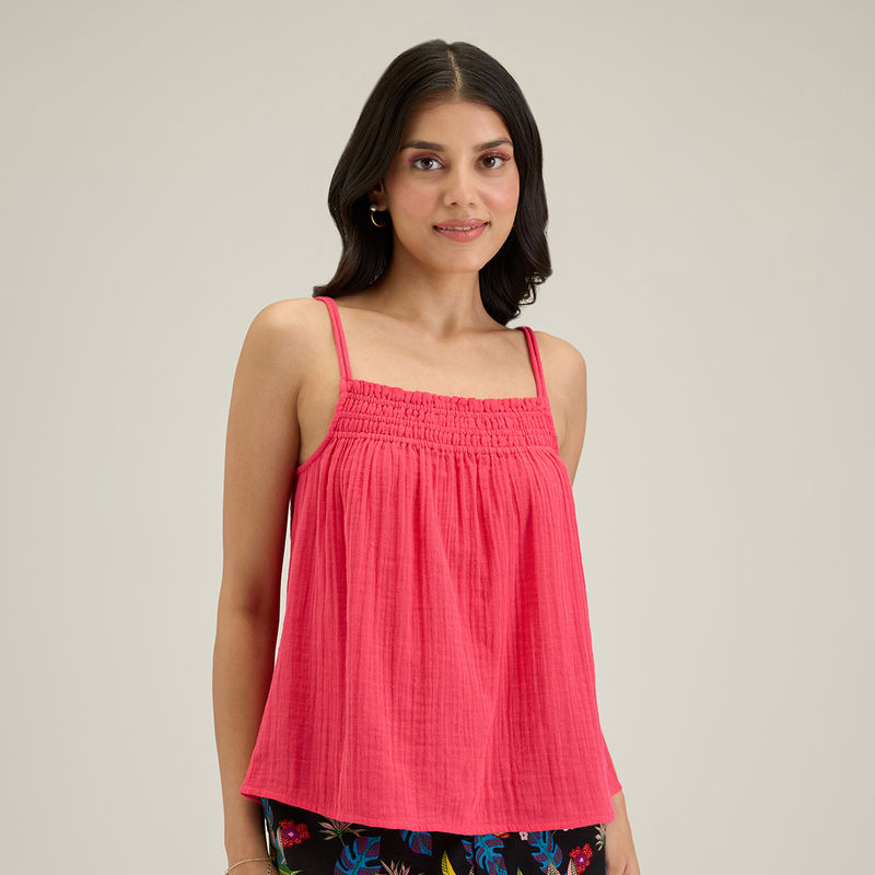 Twenty Dresses by Nykaa Fashion Pink Solid Square Neck Strappy Top (XS)