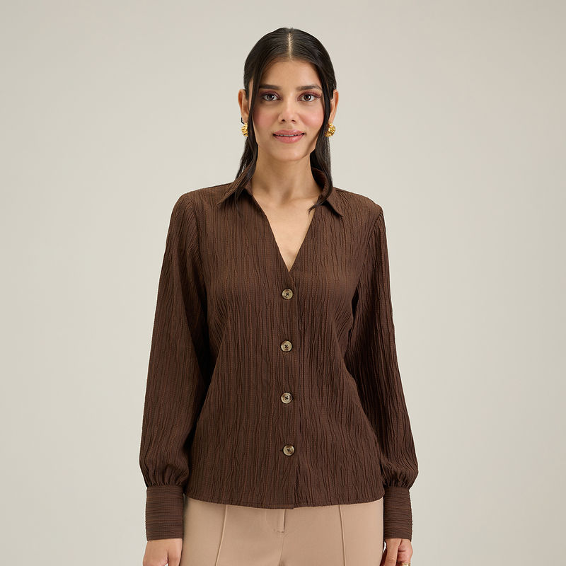 Twenty Dresses by Nykaa Fashion Work Brown Solid Gathered Full Sleeves Top (XS)