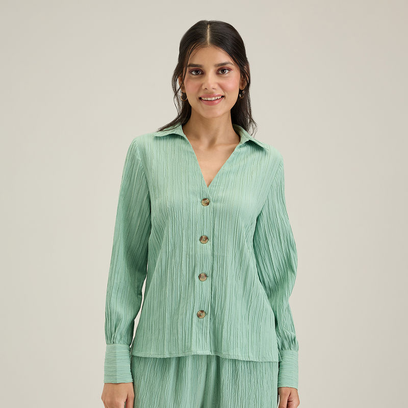 Twenty Dresses by Nykaa Fashion Work Sea Green Solid Gathered Full Sleeves Top (XL)
