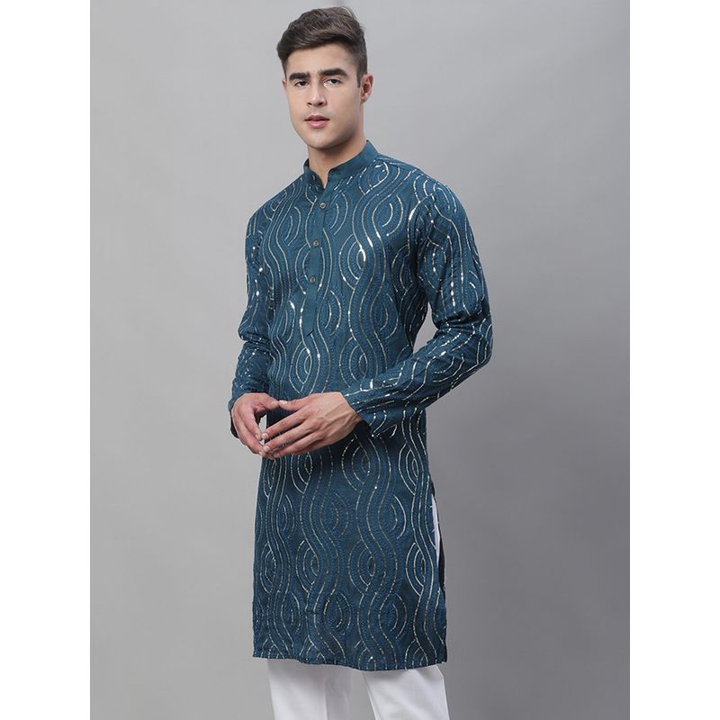 SOJANYA Men Pure Cotton Teal Blue Designer Long Kurta (36)