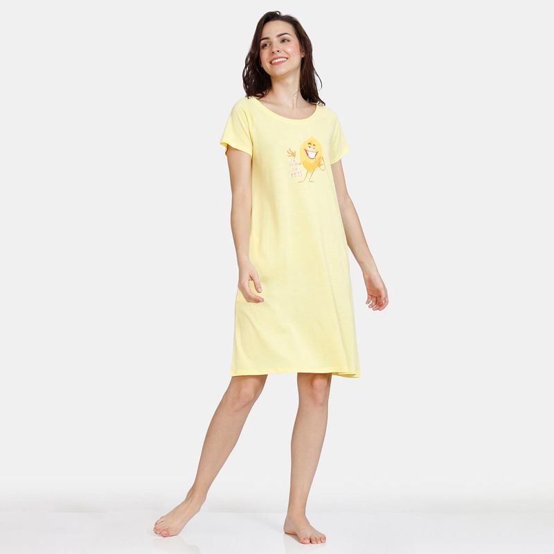 Zivame Fruggies Knit Cotton Knee Length Nightdress - Sunshine Yellow (XS)
