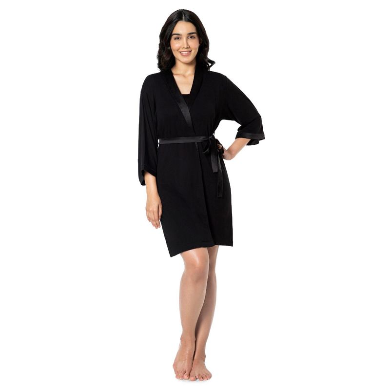 Amante Solid Non Padded Non-Wired Three-Quarters Sleeve V-Neck Knee Length Sleep Robe - Black (S)