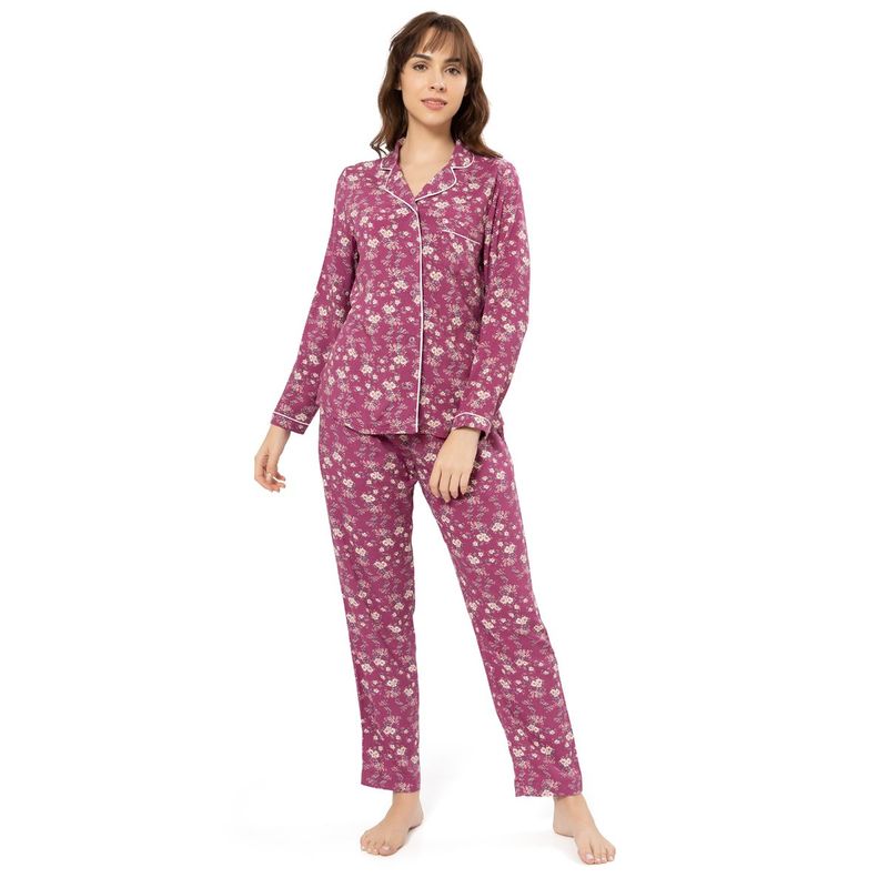 Amante Printed Non Padded Non-Wired Full Sleeve with Full Length Pant - Purple (XL)