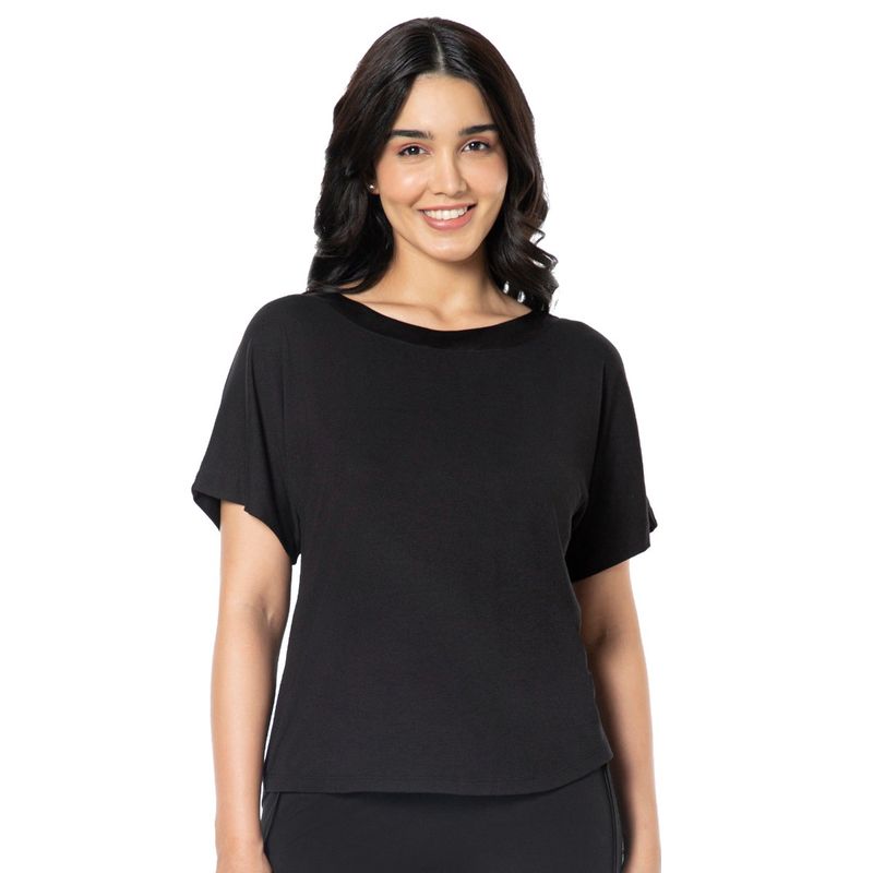 Amante Solid Non Padded Non-Wired Half Sleeve Round Neck Pyjama Top Tee - Black (S)