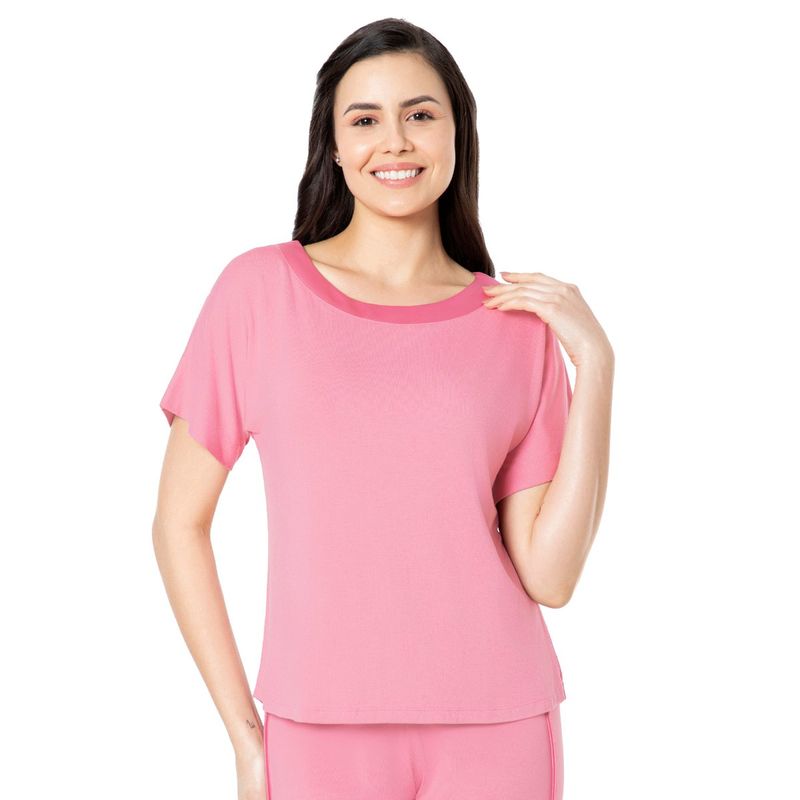 Amante Solid Non Padded Non-Wired Half Sleeve Round Neck Pyjama Top Tee - Pink (L)