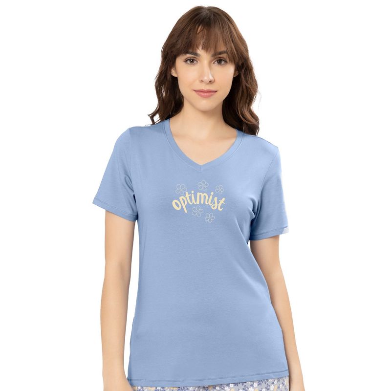 Amante Solid Non Padded Non-Wired Half Sleeve V-Neck Pyjama Top Tee - Blue (S)