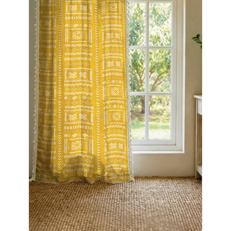 Urban Space 100% Boho Cotton Window Curtain with Tieback & Eyelets Zahara Yellow (5 x 4 feet)