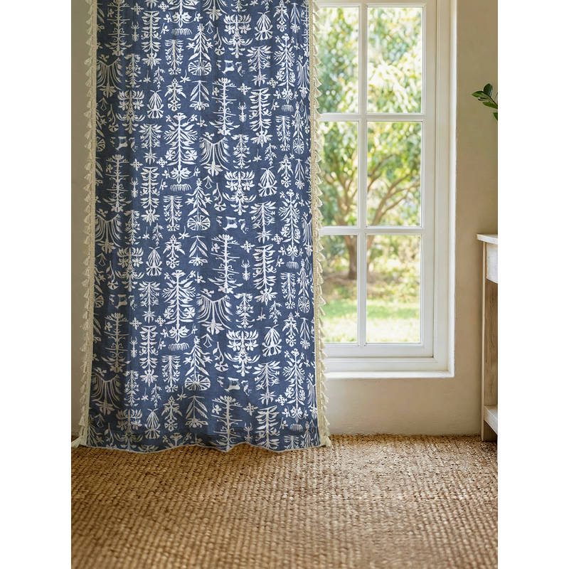 Urban Space 100% Boho Cotton Door Curtain with Tieback & Eyelets Twigs Indigo Blue (7 x 4 feet)