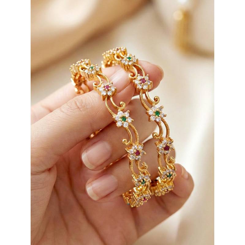 LUCKY JEWELLERY Gold Floral Ad Bangle Pink Green Stone (779-C1Bg-2202-2) (2.6)