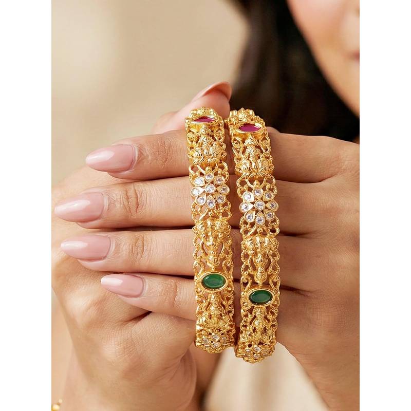 LUCKY JEWELLERY Gold Floral Ad Bangle Pink Green (866-C1Bg-2207-2) (2.4)