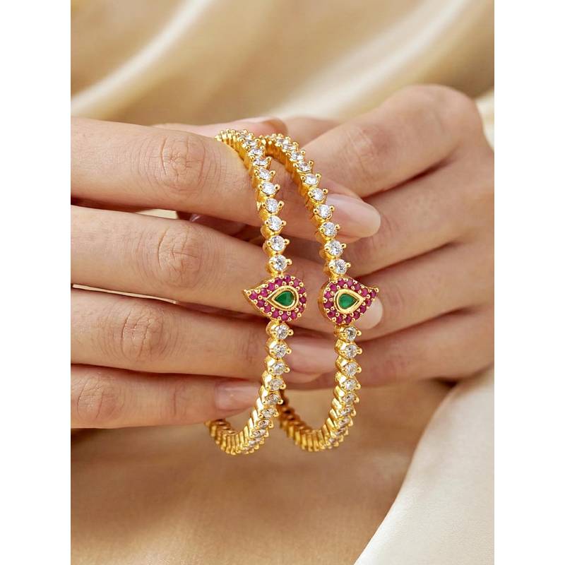 LUCKY JEWELLERY Gold Ad Paisley Bangle Pink Green Stone (873-C1Bg-2208-2) (2.4)