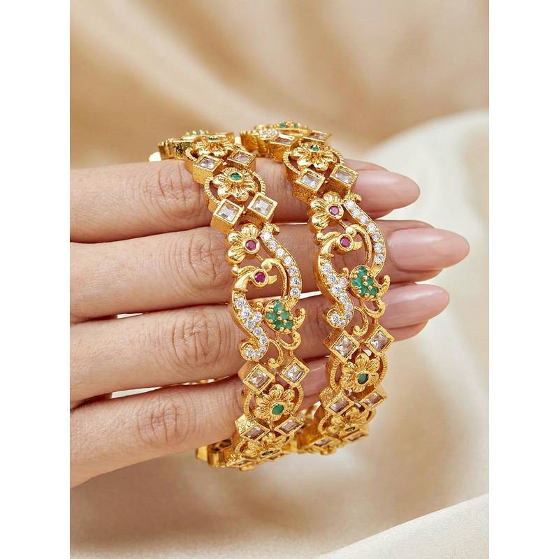 LUCKY JEWELLERY Gold Peacock Ad Bangle Pink Green (1049-C1Bg-2214-2) (2.4)