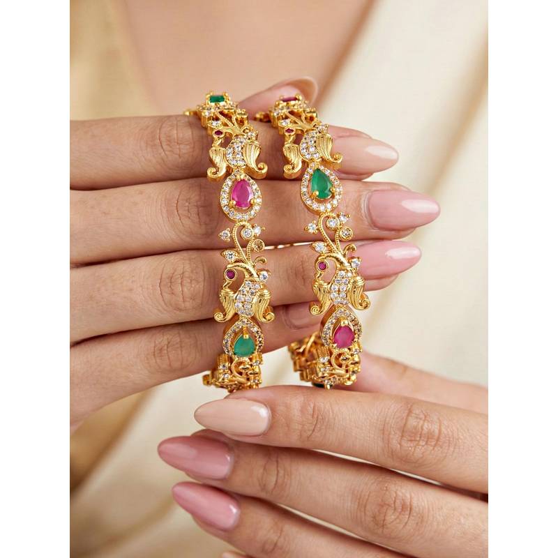 LUCKY JEWELLERY Gold Ad Floral Bangle Pink Green (1243-C1Bg-2219-2) (2.4)