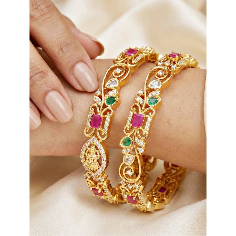 LUCKY JEWELLERY Gold Floral Ad Designer Bangle Pink Green (1262-C1Bg-2221-2) (2.6)