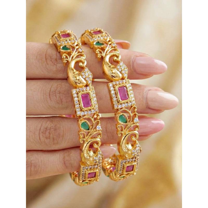 LUCKY JEWELLERY Gold Ganesh Peacock Ad Bangle Pink Green (1389-C1Bg-2224-2) (2.4)