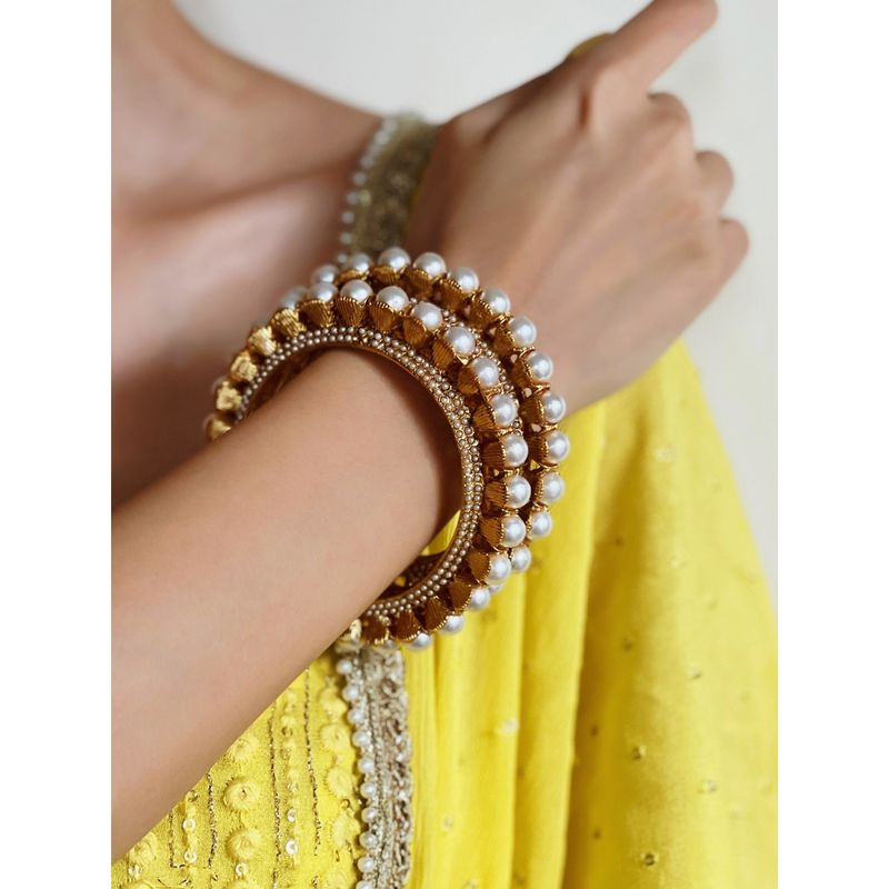 Azai by Nykaa Fashion Gold Plated Bangles with Embellished White Faux Pearls(Set of 2)