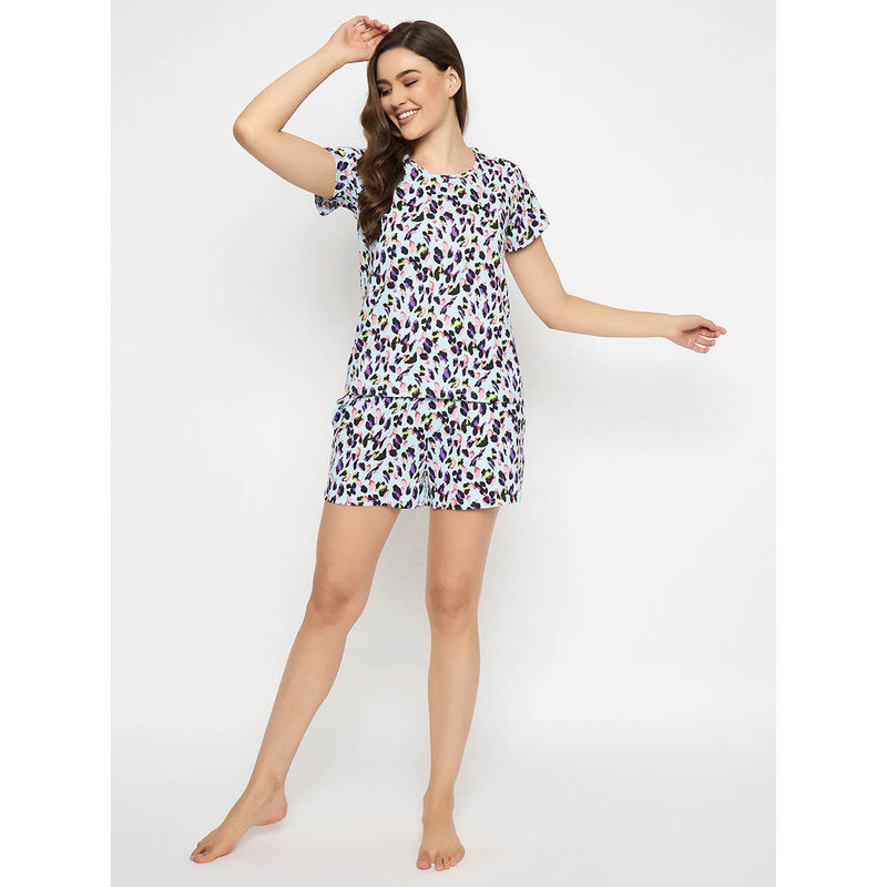 Clovia Lycra Printed Top and Shorts Set (L)