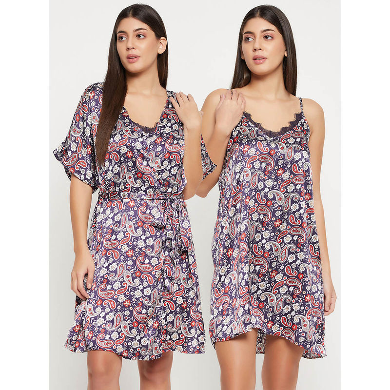 Clovia Satin Printed Short Night Dress and Robe (2XL)