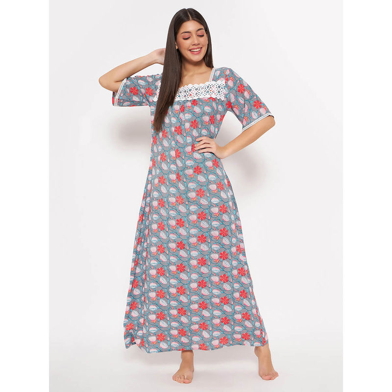 Clovia Rayon Printed Long Night Dress (L) (L)