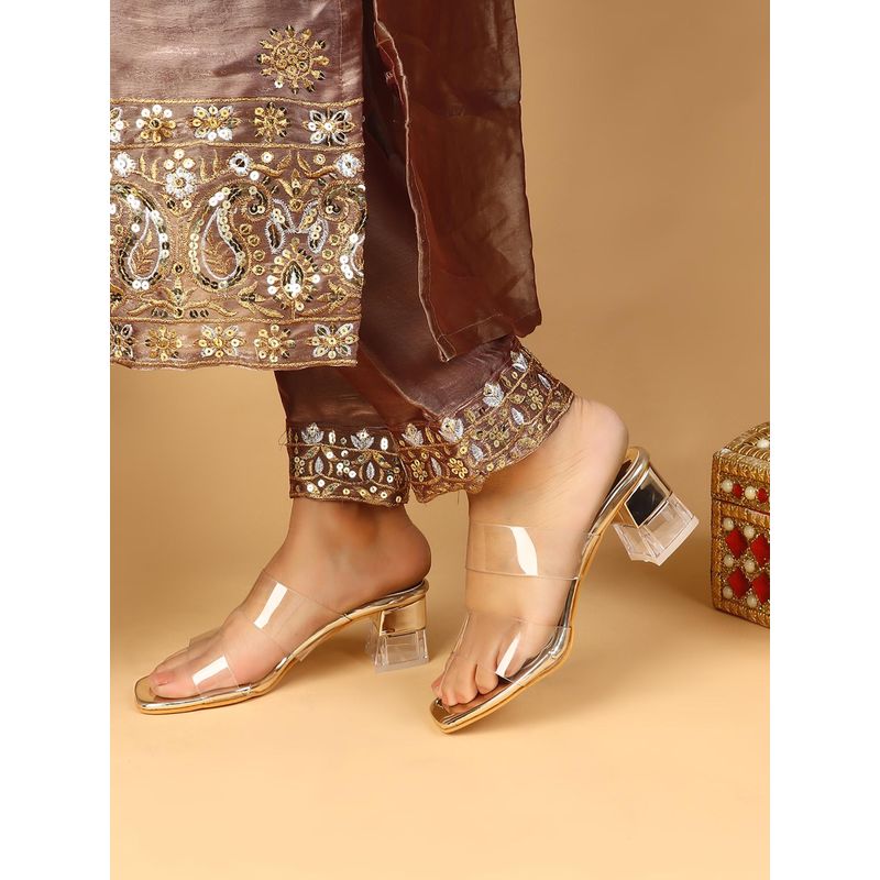 ELLE Women Gold Square Toe Block Heels (EURO 36)