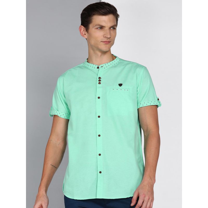 KUONS AVENUE Green Men'S Linen Cotton Indowestern Half Sleeve Shirt (M)