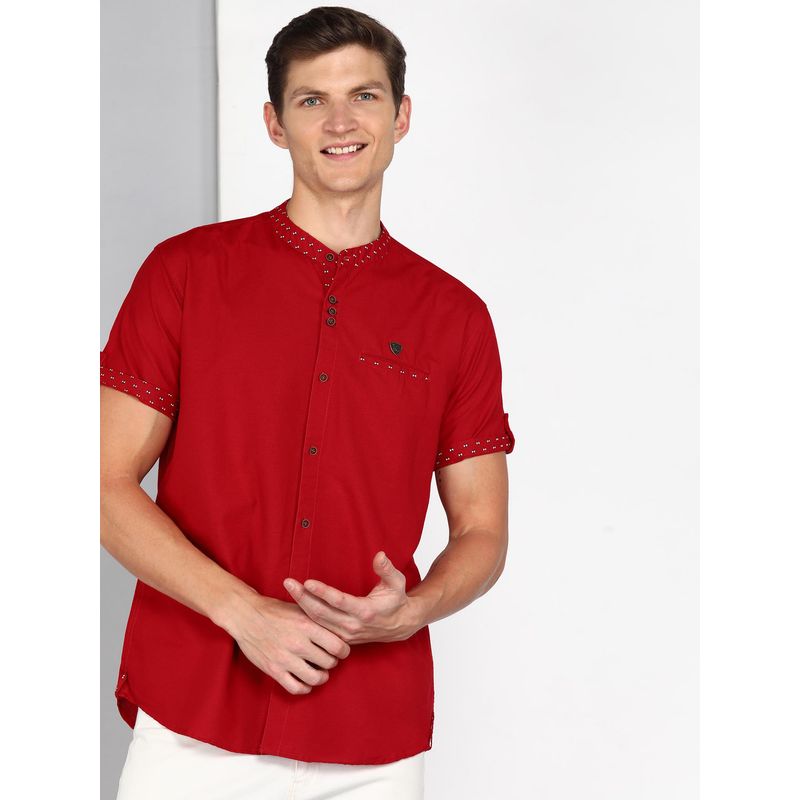 KUONS AVENUE Red Men'S Linen Cotton Indowestern Half Sleeve Shirt (L)