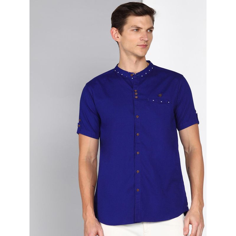 KUONS AVENUE Blue Men'S Linen Cotton Indowestern Half Sleeve Shirt (M)