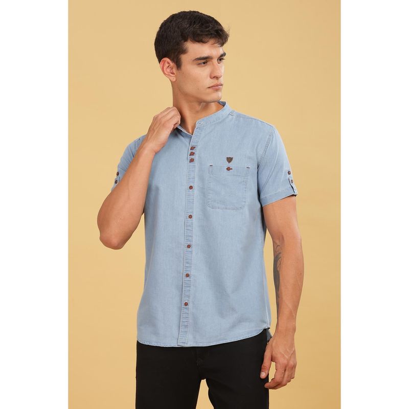 KUONS AVENUE Blue Men'S Denim Half Sleeve Casual Shirt (XL)