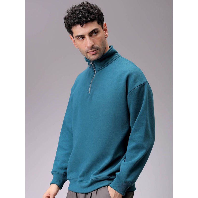 The Indian Garage Co Men Teal Relaxed Fit High Neck Overhead Sweatshirt (L)